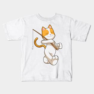 Cat at Fishing with Fishing rod Kids T-Shirt